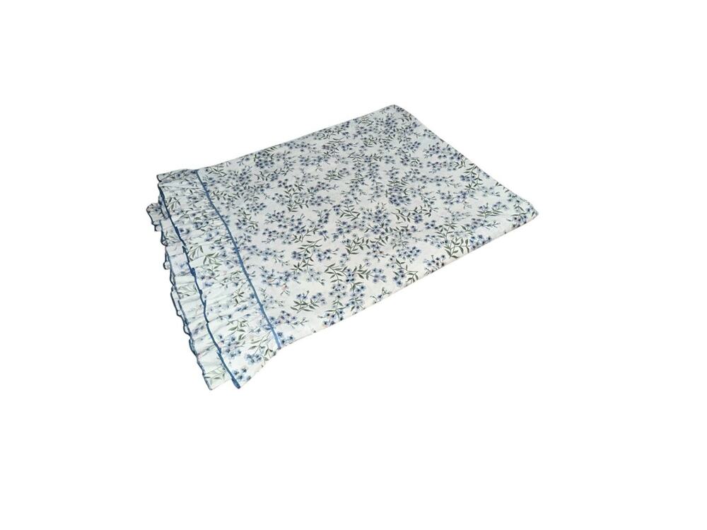 Cannon Vintage Floral Ruffled Flat Sheet Queen Size White Blue Green No Iron